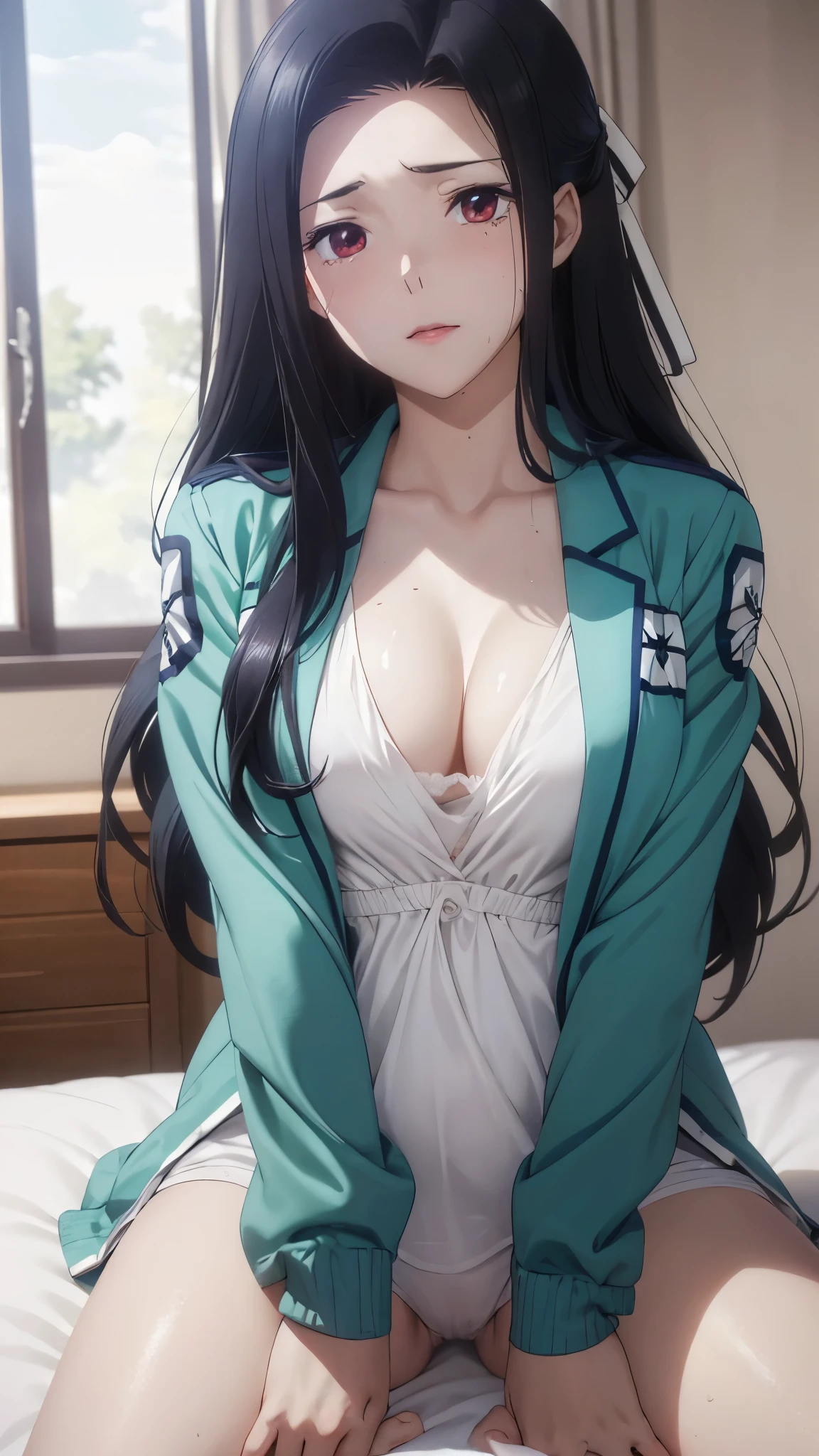 1 personの, alone, masterpiece, Highest quality, The Irregular at Magic High School,Mayumi Saegusa、Mayumi Saegusa、Red Eye,  eyelash, Black Hair, Long Hair, Back ribbon, High School Uniform,  White dress shirt, Collared dress, Jacket, 緑のJacket, cropped Jacket, open Jacket, Long sleeve,, (masterpiece: 1.3), (Maximum resolution: 1.2), (Ultra HD TV: 1.2), Cinematic Light, 8k resolution, Detailed facial features , (Sharp focus: 1.2）, (Focus on the face:1.2),Perfect Style, Beautiful Face, Acura, Anatomically correct, Highly detailed face and skin texture, Beautiful Eyes,Beautiful Eyes, Thin eyebrows, Natural Cheeks, Glowing Skin, Fair skin: 1.2, (Glossy Lips: 1.4),、 (Embarrassed look: 1.2),Highly detailed face and skin texture, Natural Cheeks, , Glossy Lips: 1.4,Perfect Style、Cleavage、Soft Breasts、（Semen on chest:1.6）（Cum on thighs 1.5）、 Sperm on tongue、Drenched in sweat、Wet clothes、blush、A humiliating look、Anxious expression、Frightened expression、Embarrassed look、Glare、anger、sorrow、tears、（Open your knees:1.5）、（Open your crotch to show your panties:1.8）、 White underwear、Disheveled clothes、sweating、Thin underwear、18-year-old、 clear, A clean-cut woman,1 person、 Upward-facing chest, Black Hair、Beautiful Eyes、Torn clothing、Blowjob gestures、At the bed、（On my back、At the bedLying down、Lying down、White sheets:1.7）、avert your eyes、