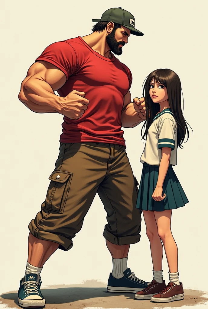 Cover of a manga with aMuscular man wearing a shirt with long shorts Long loose shorts With pockets on the sides with converse sneakers red T-shirt and brown shorts Long short, Normal musculature With beard and baseball cap Realistic musculature In a fighting pose and next to her a small shy woman in a school uniform Sailor uniform with a short skirt