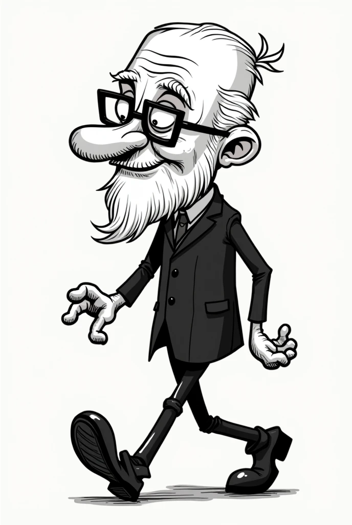 man old, large rectangular head, long white hair wavy at the back and no hair on top of the head, wearing thin square glasses with rounded corners, in motion walking with arms and legs bent without knee and elbow, 1930s style rubber hose, rubbery arms, white gloves rounded fingers, big shoe, smiling, marked cheek expression line, long wavy beard, short mustache, drawn with black outline like cuphead. SOCIAL CLOTHES, small and slightly pointy nose. a little bit quietly, eyes deeper and more open.