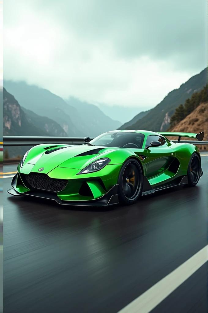 A green coupe sports car with a long hood. And 4-spoke star-shaped rims.