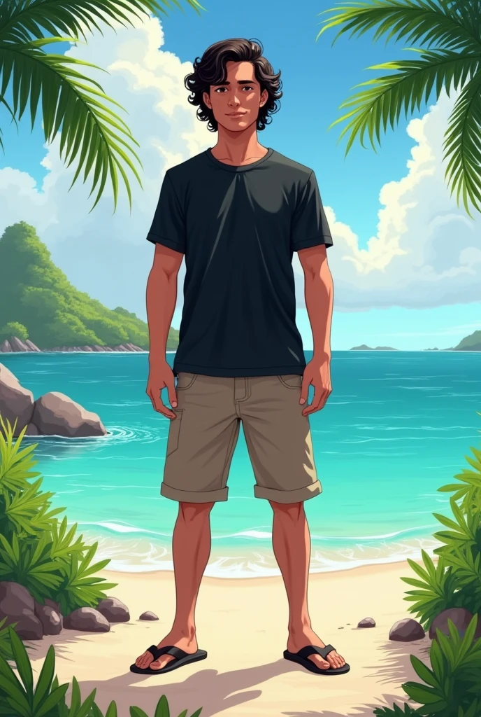 A 20 year old Indonesian young man with long curly hair wearing a black t-shirt, shorts, flip-flops, standing on Wakatobi beach in the background