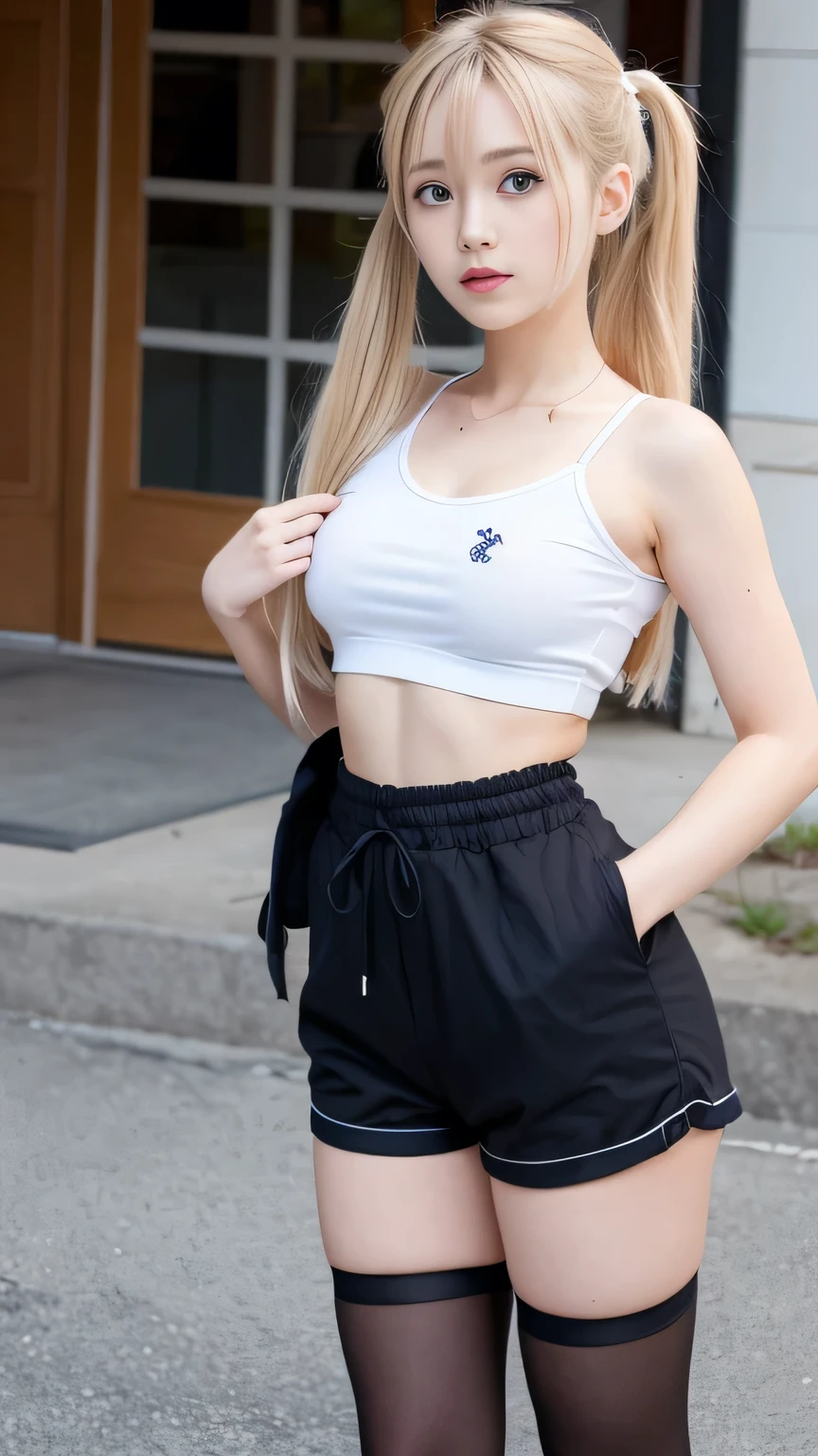 One person, , blonde hair, very length hair, Twin tails, Red ribbon, shy, ,Airi Akizuki, blonde_hair, blue eyes, Twin tails, very_length_hair, hair_Decorative Red, hair_Red Scrunchie, Moderate_chest,Airi Akizuki, blonde_hair, blue eyes, Twin tails, very_length_hair, hair_Decorative Red, hair_Red Scrunchie, Moderate_chest, She is wearing a T-shirt, Show your collarbone, She is lifting her shirt slightly showing her chest,, She also wears shorts, she is also wearing length black thigh-high stockings,