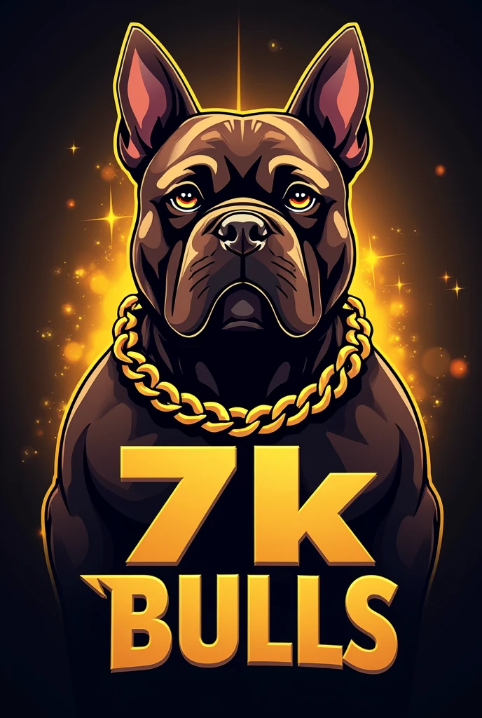 "Generate an eye-catching logo for an exotic American Bully breeder, micro size. The dog must be muscular, chocolate colored, with short snout, well-marked forehead and cropped ears like a pitbull. The body should resemble that of an English bulldog., but with extra defined muscles. The logo should include gold chains for a luxurious touch.. The name of the breeder is '7K Bulls' and must be written prominently in a stylish font. The predominant colors should be gold and rich tones that stand out."