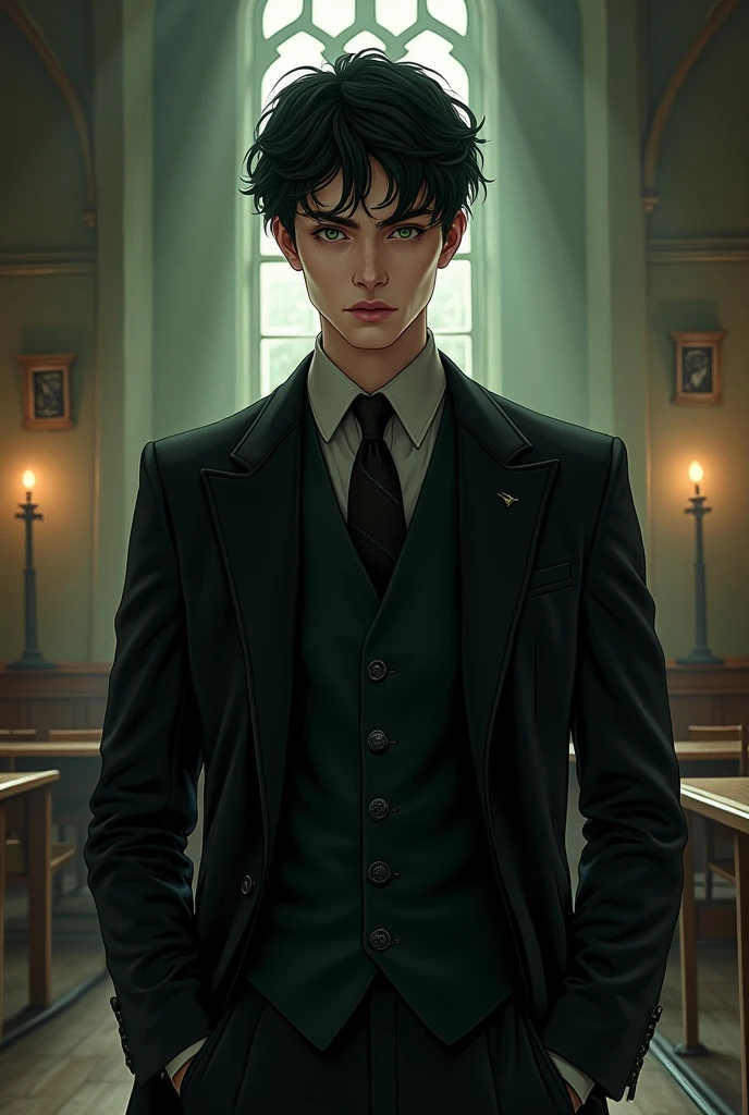  Young man, Short black wavy hair , white complexion, cold and captivating gaze, green eyes, hard and attractive features,Serious, cold look, exudes power  inside the position classroom at Hogwarts. Dressed in an elegant black suit, he exudes an air of power and mystery.Looking straight ahead, in a central position  Drawing