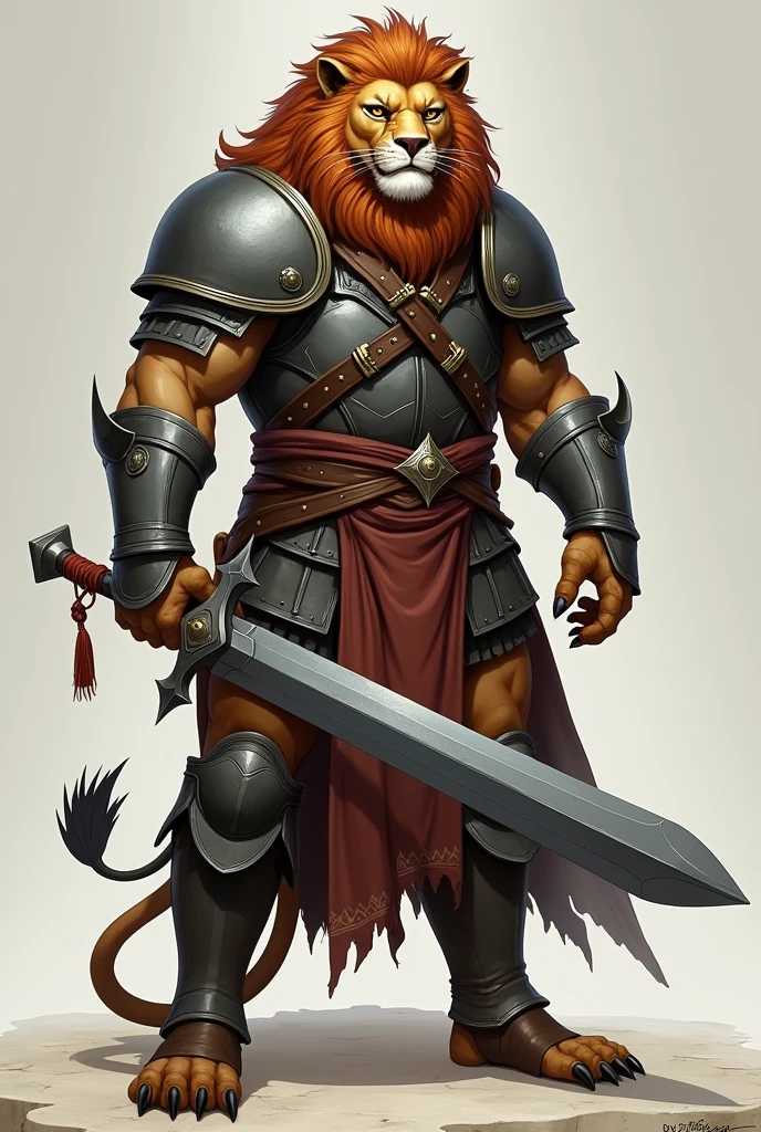 Tabletop RPG character (fully body) ultra realisitic!!!
3. **race**: **robe**
- **Characteristics**: Duriel pertence à raça robe, characterized by a bestial and leonine appearance, mixing human and feline traits:
- **head**: Duriel has a face that mixes human features with those of a lion.. He has a thick, wild mane that runs down the back of his head to his shoulders.. Your eyes are intense, and their teeth are sharp, with prominent canines.
- **cos**: robust and muscular, with a posture that reflects the strength and elegance of a warrior. Your chest is wide, and his arms are powerful, indicating his great physical strength.
- **patas**: Its legs end in lion-like paws., com garras afiadas. The paws are covered with golden fur that reaches up to the knees.. He doesn't wear shoes, but the armor protects your ankles and part of your legs.
- **Tailpussy**: Duriel has a lion's tail, that moves elegantly and naturally, adding to its bestial aspect.
4. **General appearance**:
- **kor**: approximately 35 years.
- **tenue**:
- **armour**: Duriel wears simple, functional armor., made of sturdy metal. The armor covers his torso, Shoulders and arms, without ornaments or magical inscriptions, reflecting his battle experience and his preference for practicality.
- **Elmo**: He wears a helmet that covers part of his face., with space for your mane to come out. The helmet has a partial mask, giving it an intimidating appearance.
- **badass clothing**: Underneath the armor, Duriel wears leather clothes, suitable for long journeys and hostile environments.
- **Claymore**: Duriel wields a large Claymore with **Both hands**. Made of Dwarven Steel, the sword has a dark gray tone, being robust and striking, reflecting your strength and presence.
- **stance**: Duriel has a confident and imposing posture, holding your Claymore firmly, prepared for the with