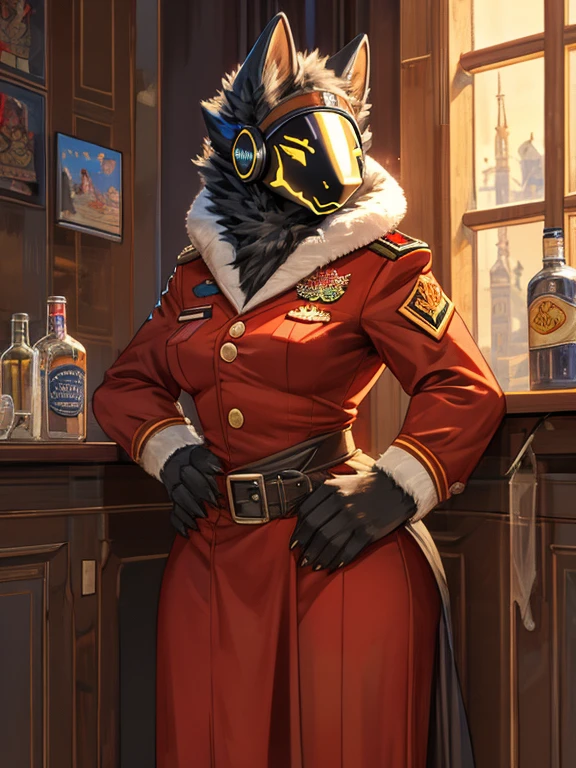 Hairy Protogen, Wide hips, stomach, beautiful, muscular, spongy, Hairy details, female,in Soviet uniform from World War II, ushanka, Soviet Union, Russia, vodka, Firearms