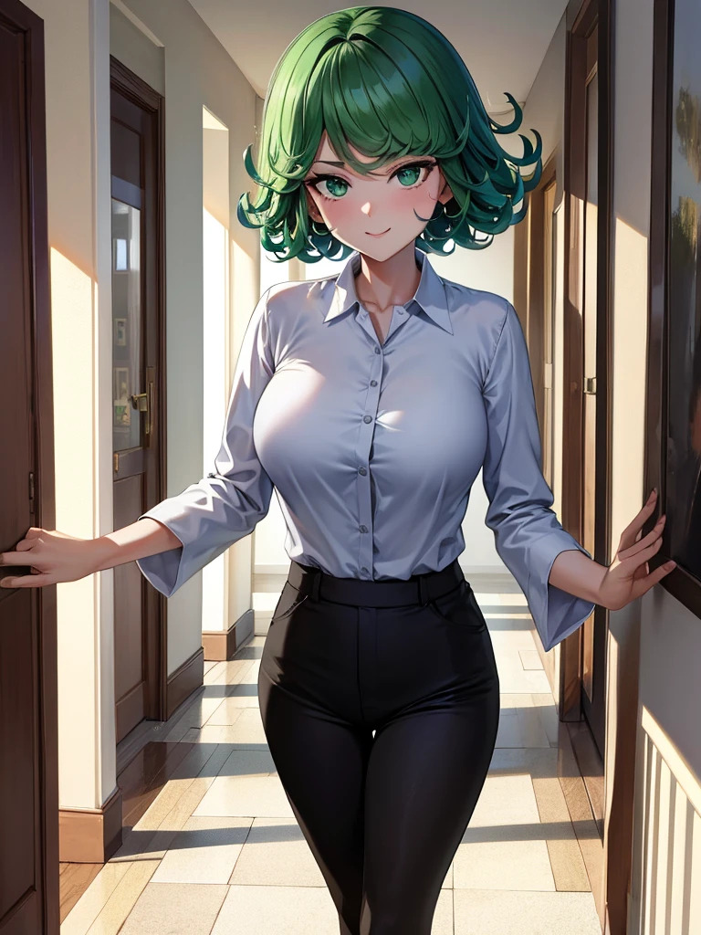(high res, 8K, masterpiece, looking at viewer, best quality, very aesthetic, ultra detailed, ultra background, ultra Eyes) intricate details, 1girl, Tatsumaki, Wear white long sleeved shirt, long black pants, black loafers, green short hair, green eyes, smile face, Cheeks Flushed, Facing the camera, Background campus hallway, Cinematic Angle
