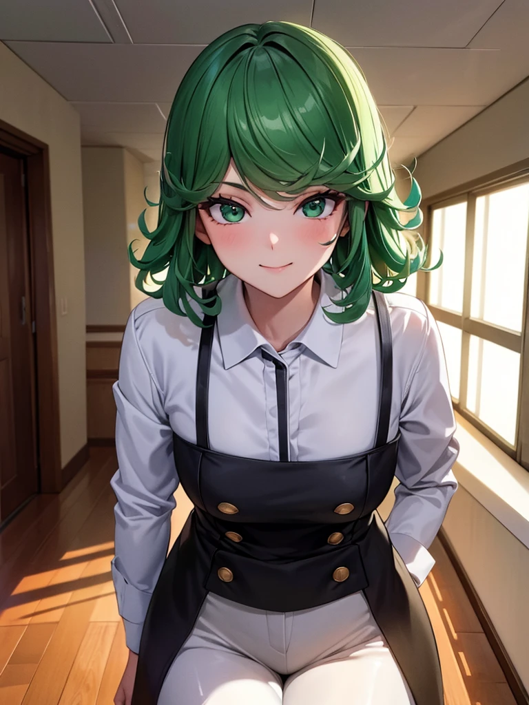 (high res, 8K, masterpiece, looking at viewer, best quality, very aesthetic, ultra detailed, ultra background, ultra Eyes) intricate details, 1girl, Tatsumaki, Wear white long sleeved shirt, long black pants, black loafers, green short hair, green eyes, smile face, Cheeks Flushed, Facing the camera, Background campus hallway, Cinematic Angle
