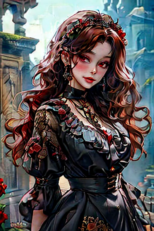 Perfect face. Perfect hands. A brown haired woman with red eyes with an hourglass figure in a frilly Gothic dress is smiling while leaning forward in a red rose garden with a red rose in a Gothic castle
