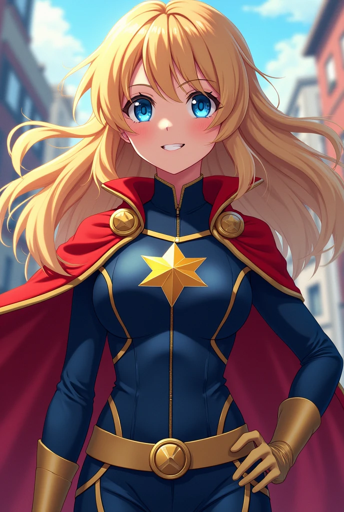 Young blonde girl with perky and slightly detailed body, dressed in a hero costume similar to that of Tokoyami from Boku no Hero Academia, similar to all might and long hair - body similar to that of a 16 year old schoolgirl, anime, blue eyes with a big hero smile - Boku no hero design - more defined body from my hero academia