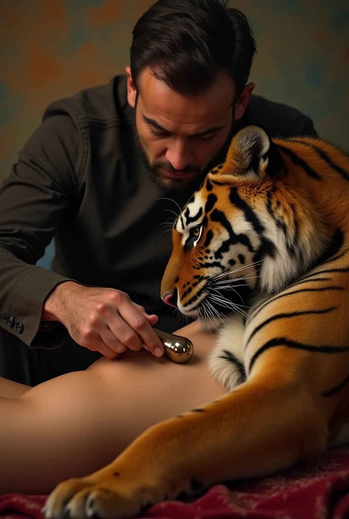 Tiger rapes woman vaginally with big penis on table while rich Muslim man watches