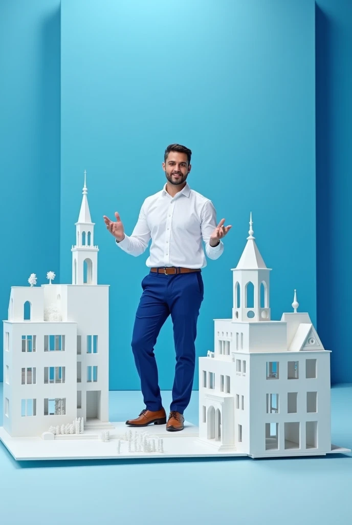 Promotional image to publish an architectural design course, use blue and white colors