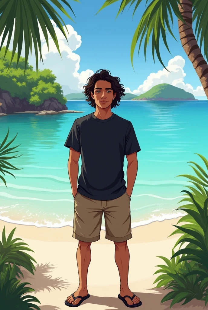 A 20 year old Indonesian young man with long curly hair wearing a black t-shirt, shorts, flip-flops, standing on Wakatobi beach in the background