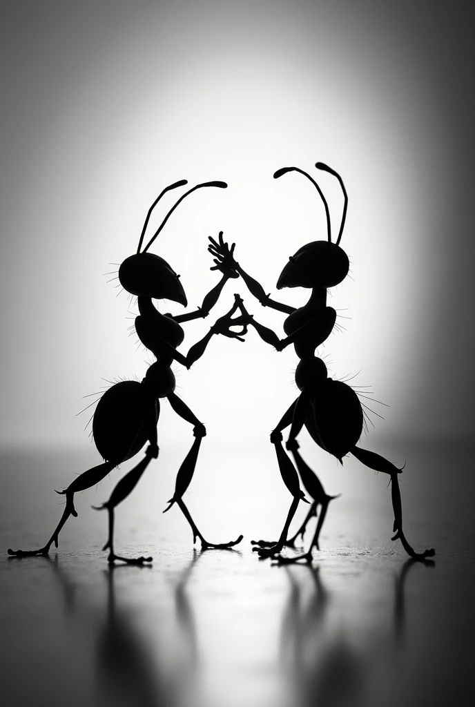 Create a realistic black and white image showing two ants dancing the tango. The image must be taken against the light, so that the shadows and profiles of the ants stand out very clearly. Ants must be in a dynamic position, Capturing the movement and grace of tango, with its antennae and legs in elegant positions. Make sure the image has a high level of detail, especially in the texture of the ants and the projected shadows. The backlight should be diffuse and soft., creating a dramatic effect that accentuates the silhouette and shape of the moving ants. The overall atmosphere should be evocative and artistic., with a focus on the accuracy of contrast and detail in the representation of ants.