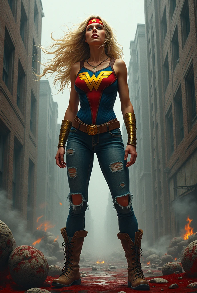 A beautiful woman with long blonde hair wearing a red and blue top with a yellow eagle-like emblem on her chest with ripped blue jeans, boots and gold bracelets, headband with a red gold star on her forehead screaming exhausted after an extensive battle blood all around her in a cold dark apocalyptic city bloody and scary images