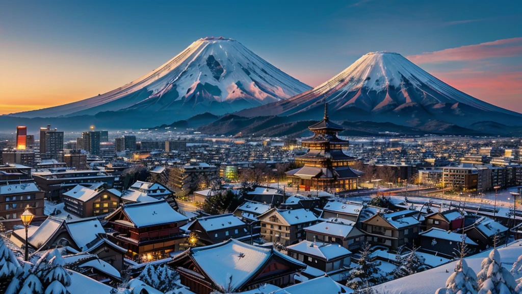 mt fuji in japan with the pagoda in the
background, in the style of snow
scenes, sky-blue and red, vibrant
cityscapes, 32k uhd, terraced
cityscapes, mesmerizing optical
illusions, dazzling cityscapes