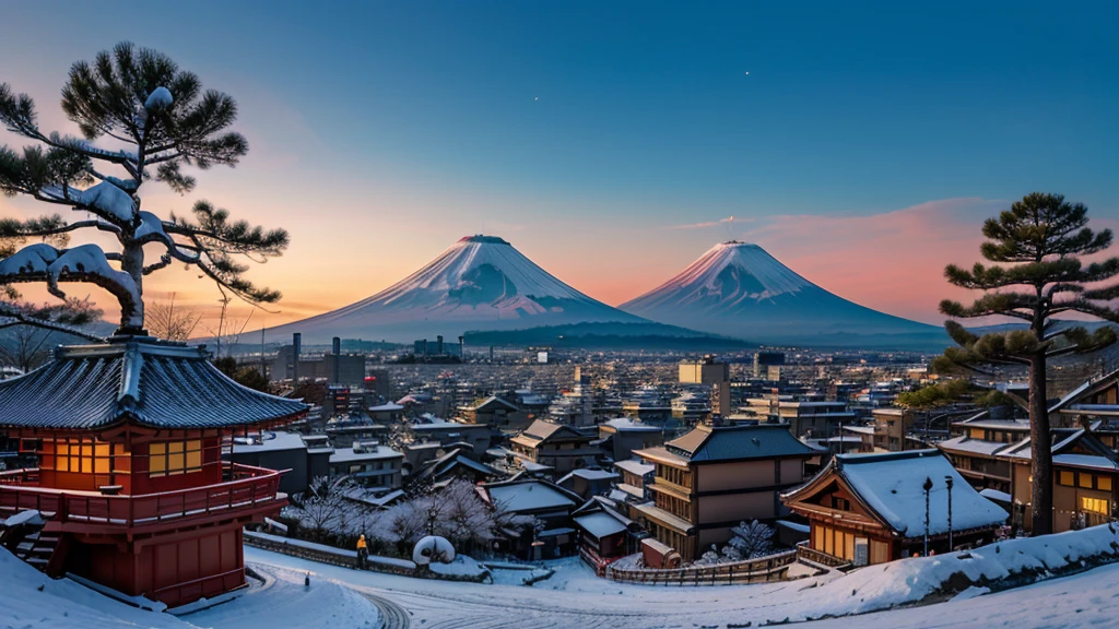 mt fuji in japan with the pagoda in the
background, in the style of snow
scenes, sky-blue and red, vibrant
cityscapes, 32k uhd, terraced
cityscapes, mesmerizing optical
illusions, dazzling cityscapes