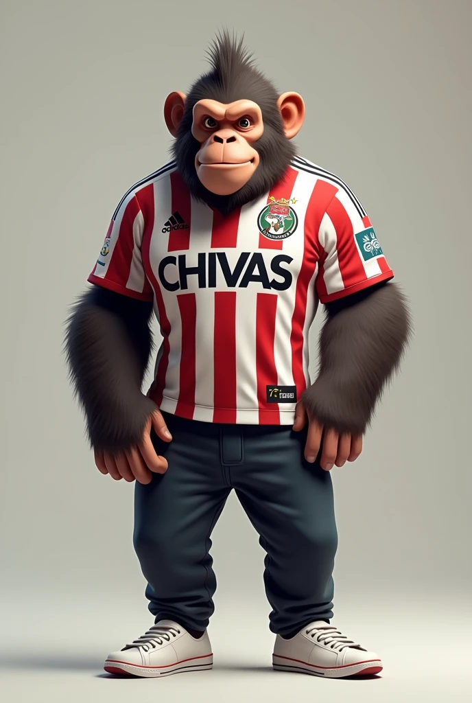 Generate an image of an ape wearing a Chivas soccer jersey(mexico) and with pants and tennis

