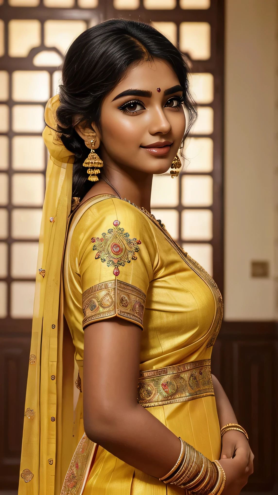 (high quality, masterpiece, HDR, 256K), (hyper-realistic, photorealism) 20 year old extremely beautiful Tamil girl, (intricate detailed extremely beautiful face, eyes, ears, nose, lips, textured skin), eyes symmetry, (bright smile). Wearing yellow Salwar suit. Facing front, front view. Medium shot.