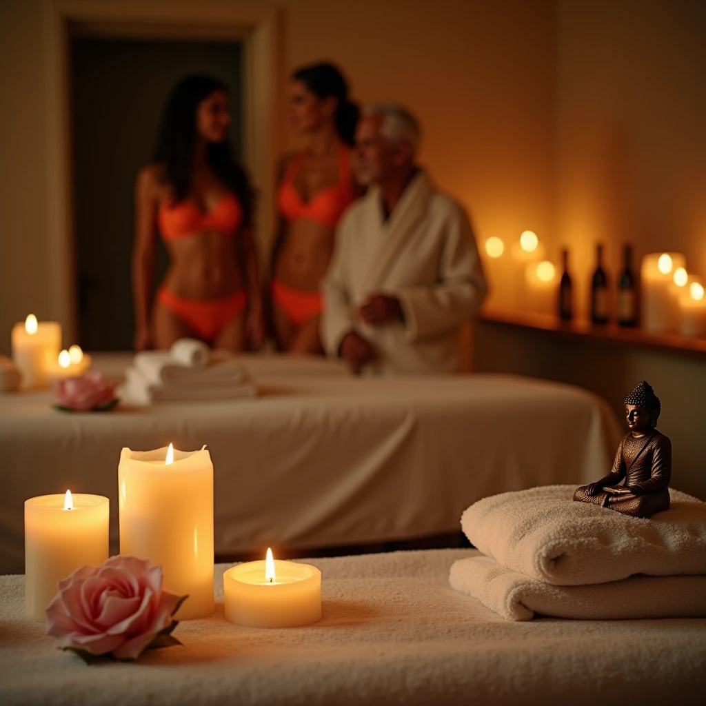 a luxurious spa with massage tables, a small buddha figure, many candles, wine bottles, in the background 2 latin women in orange lingerie blurred, in the background 60 year old man in dressing gown blurred, open shot