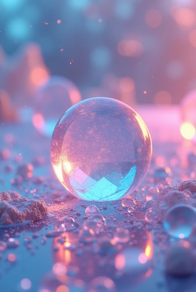 Create a dot symbol made of pink-blue crystal (hologram effect), glass material, soft glow, beautiful bright hologram background