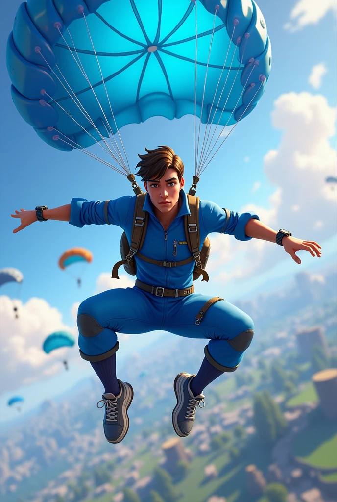 A male teenage character from a battle royale game wearing blue clothes and sneakers, Jumping out of a plane. Cartoon graphic