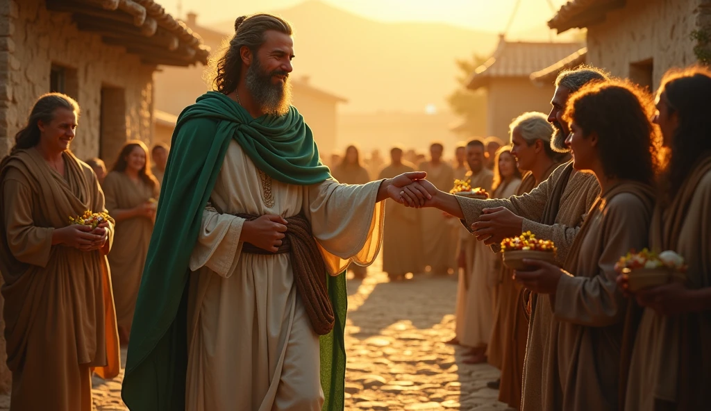 Crie uma imagem hiper-realista e misteriosa de Solomon caminhando por uma vila onde ele é recebido com carinho pelos habitantes locais, who offer simple gifts in return for your generosity. Solomon, dressed in a white linen tunic and a deep green cloak, accepts gifts with a warm smile, as children and elderly people come forward to express their gratitude. The golden light of the sunset should illuminate the scene, creating an atmosphere of peace and community, simbolizando que a generosidade de Solomon construiu uma rede de apoio que garante a prosperidade e o sucesso duradouros.
