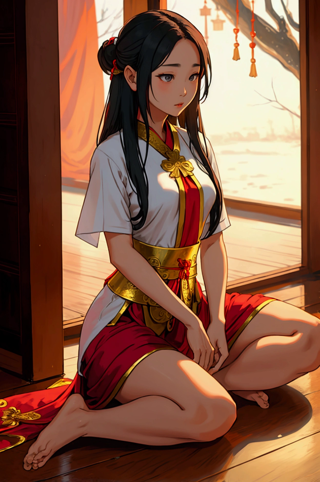 woman,Wear Thai clothes,Long hair tied at the head, No feet ,Priestess,Not,stand,Thai woman