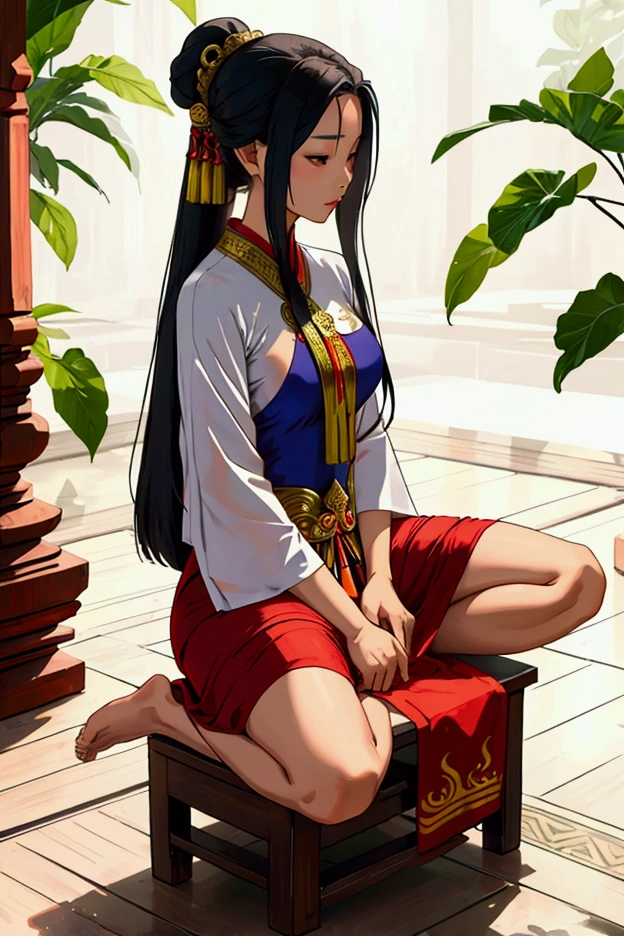 woman,Wear Thai clothes,Long hair tied at the head, No feet ,Priestess,Not,stand,Thai woman