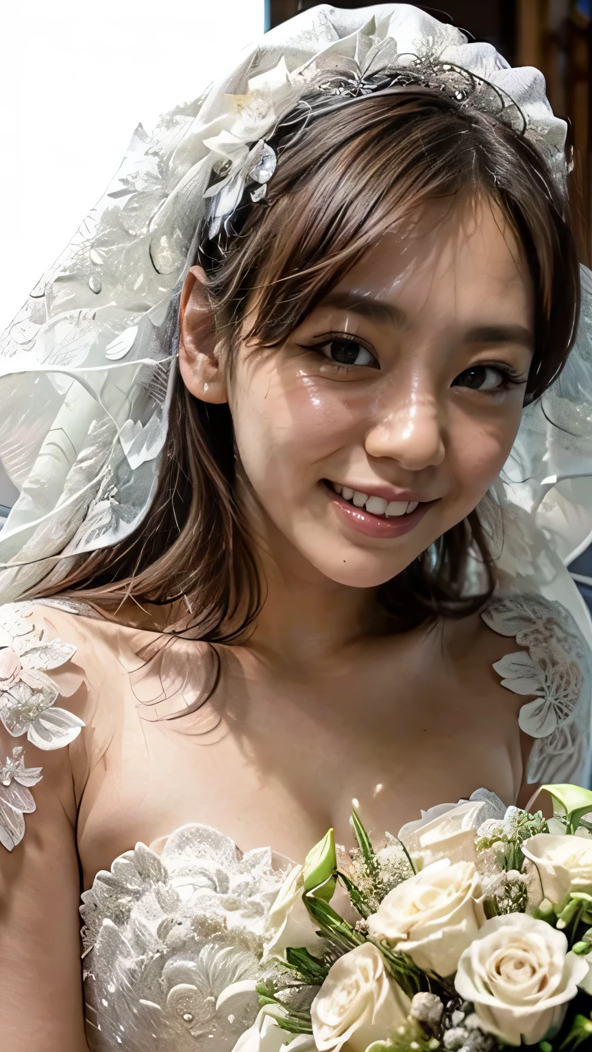 (Smiling Japanese bride in the garden、(Squint your eyes and laugh、A big smile)、The whole body is visible)、Many people celebrate、(Realistic、Like a photograph、Live Action、8k, Realistic, RAW Photos, Best image quality: 1.4), Single-lens reflex camera、RAW Photos, Highest quality, Realistic, Very detailed CG Unity 8k 壁紙, Written boundary depth, Cinematic Light, Lens flare, Ray Tracing, Realistic background、((Wedding dress:1.5、bouquet)、Cleavage)、((ultra high density skin))、 Cute Japan Bride、Overflowing with smiles、Random Hairstyles:1.2、I like that style、stylish、Very detailed、Pay attention to the details、perfect bridal dress、(White skin)、Great atmosphere、View from the front、Beautiful background、Detailed background depiction、Detailed portrait、View from the front