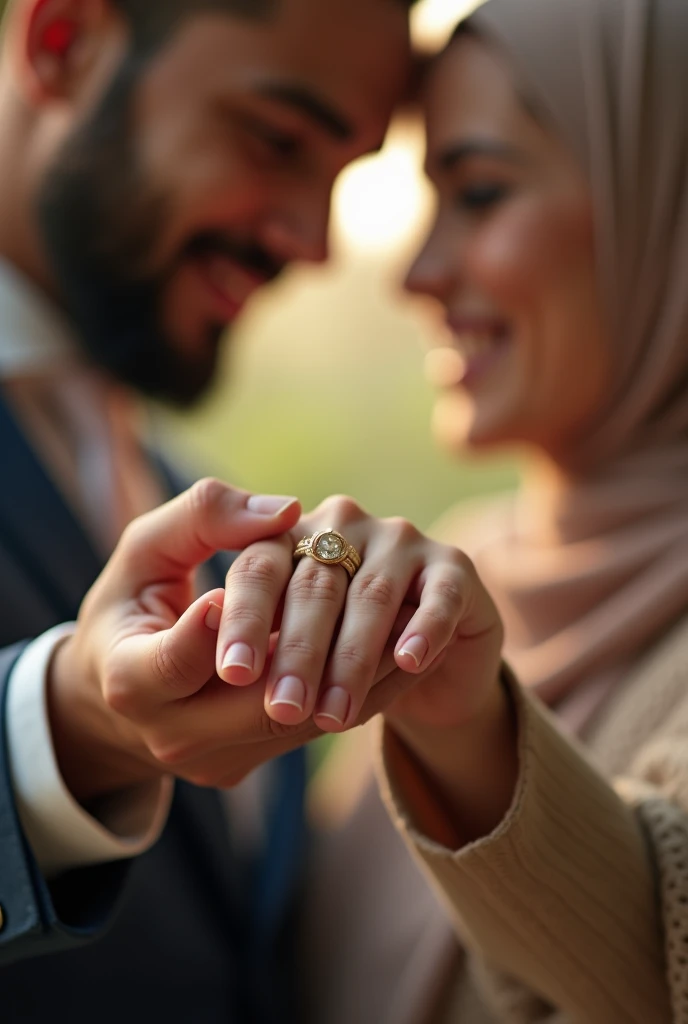 A Muslim couple holding their wedding rings, their hands intertwined, a symbol of their love and commitment, [photorealistic, portrait], [Annie Leibovitz], [soft lighting, warm colors, shallow depth of field, focus on the rings, natural skin tones, soft textures, blurred background, realistic rendering]