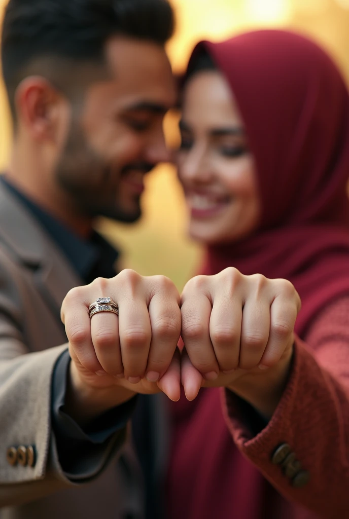 A Muslim couple holding their wedding rings, their hands intertwined, a symbol of their love and commitment, [photorealistic, portrait], [Annie Leibovitz], [soft lighting, warm colors, shallow depth of field, focus on the rings, natural skin tones, soft textures, blurred background, realistic rendering]