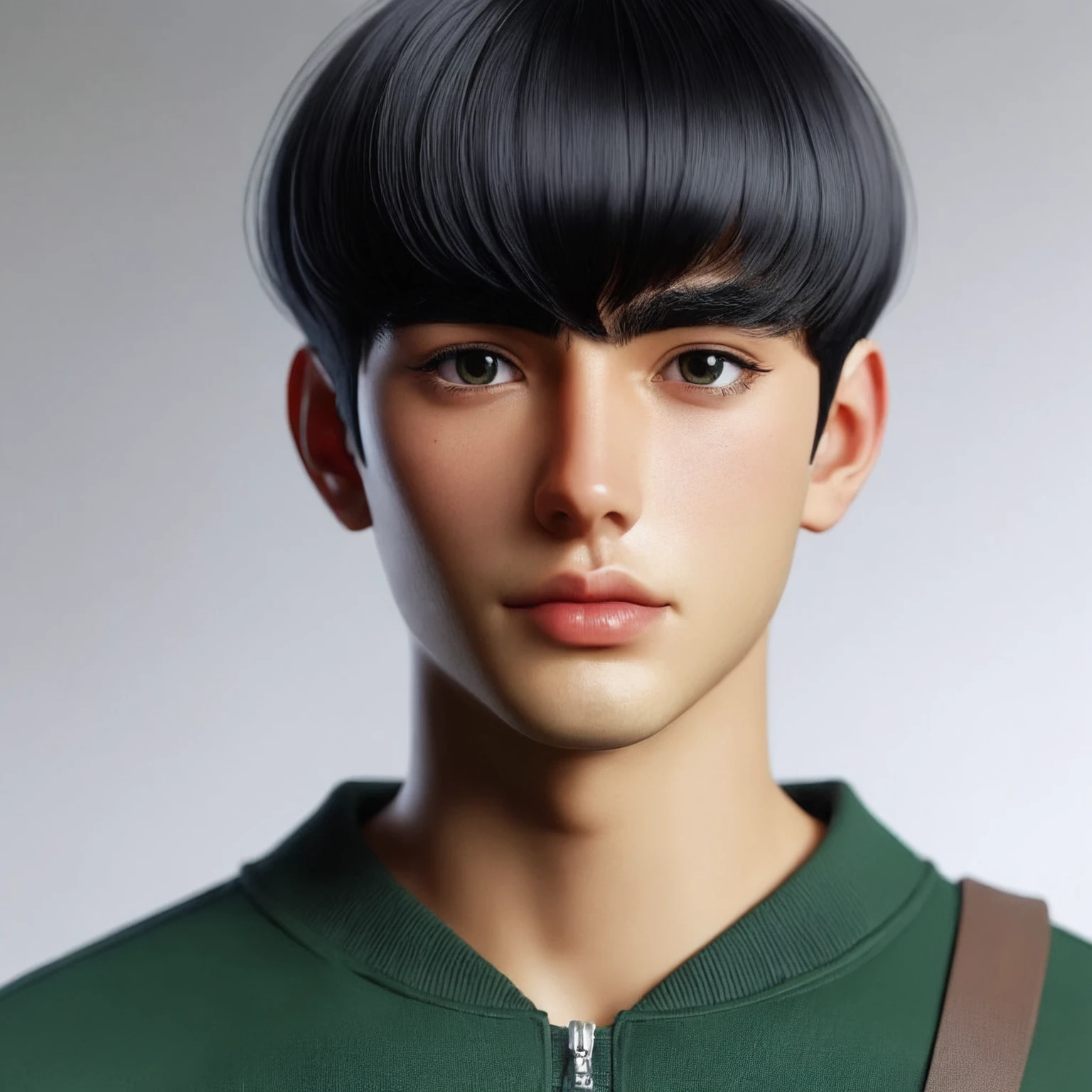 young man, tanned skin, black bowl cut hair, thick black eyebrows, round black eyes, big lips, forest green clothes, Rock lee, realistic, 3d