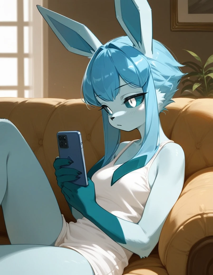 alone, score_9,score_8_up,score_7_up, anthro female glaceon, blue sclera, white eyes, wearing white tank top, bottomless, indoors, side view, holding a phone, looking at her phone, lounging on a sofa.