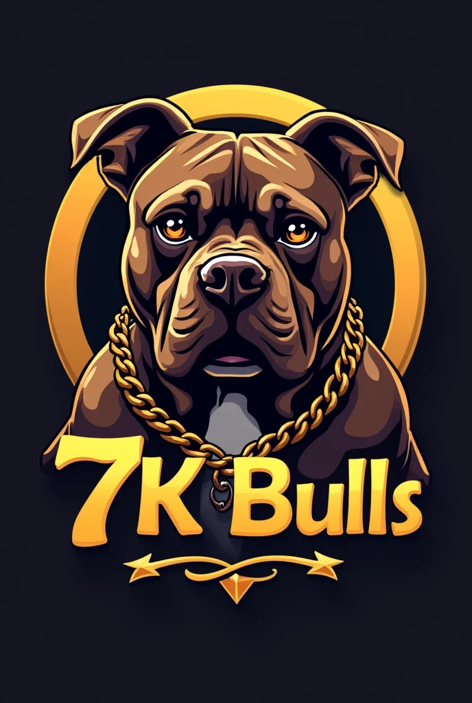
"Generate an eye-catching logo for an exotic American Bully breeder, micro size. The dog must be muscular, chocolate colored, with short snout, well-marked forehead and cropped ears like a pitbull. The body should resemble that of an English bulldog., but with extra defined muscles. The logo should include gold chains for a luxurious touch.. The name of the breeder is &#39;7K Bulls&#39; and must be written prominently in a stylish font. The predominant colors should be gold and rich tones that stand out."