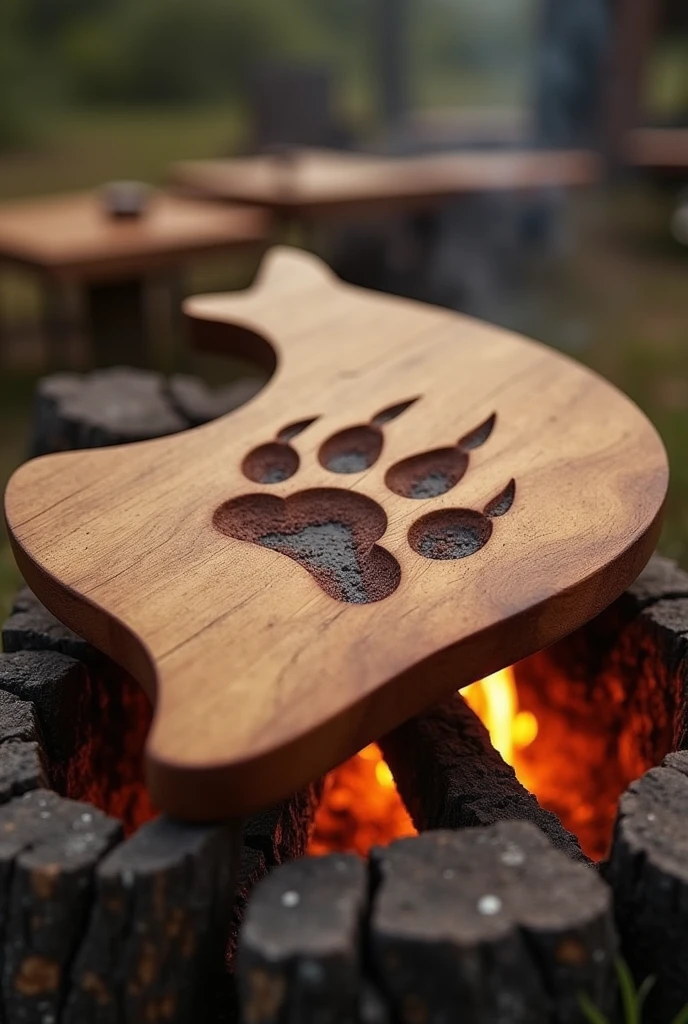 Create an image of a wooden barbecue board in the shape of a dolphin with a bear claw mark