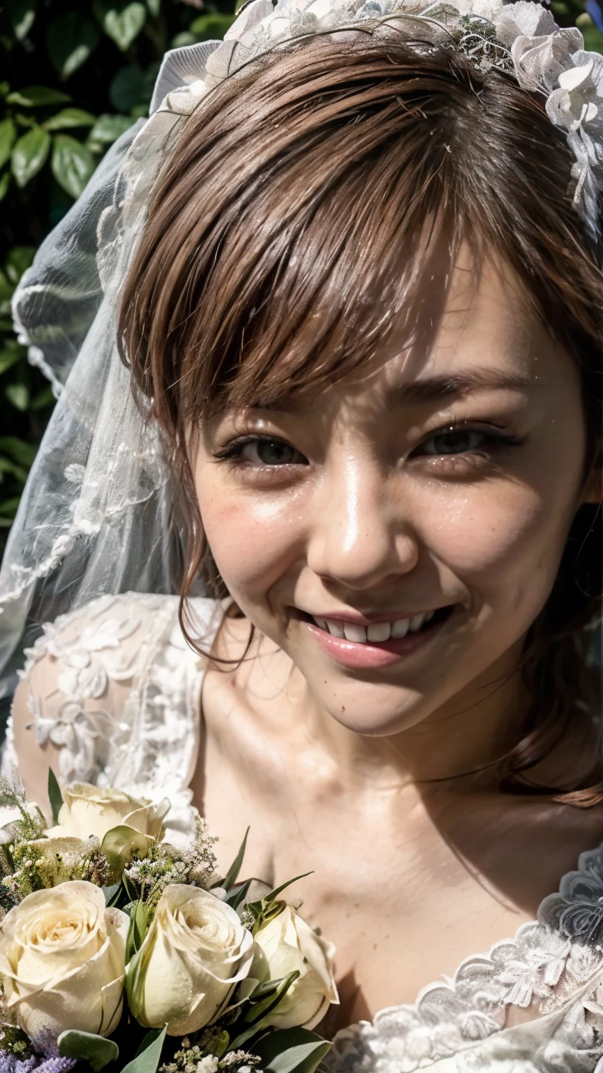 (Smiling Japanese bride in the garden、(Squint your eyes and laugh、A big smile)、The whole body is visible)、Many people celebrate、(Realistic、Like a photograph、Live Action、8k, Realistic, RAW Photos, Best image quality: 1.4), Single-lens reflex camera、RAW Photos, Highest quality, Realistic, Very detailed CG Unity 8k 壁紙, Written boundary depth, Cinematic Light, Lens flare, Ray Tracing, Realistic background、((Wedding dress:1.5、bouquet)、Cleavage)、((ultra high density skin))、 Cute Japan Bride、Overflowing with smiles、Random Hairstyles:1.2、I like that style、stylish、Very detailed、Pay attention to the details、Hair Arrangement、Half-up hairstyle、perfect bridal dress、(White skin)、Great atmosphere、View from the front、Beautiful background、Detailed background depiction、Detailed portrait、View from the front