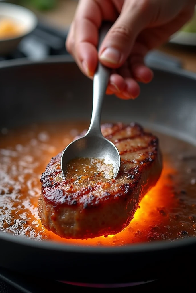 Image of a piece of meat being browned in a pan, with one hand holding a spoon, the skin of the hand should be clear and as realistic as possible