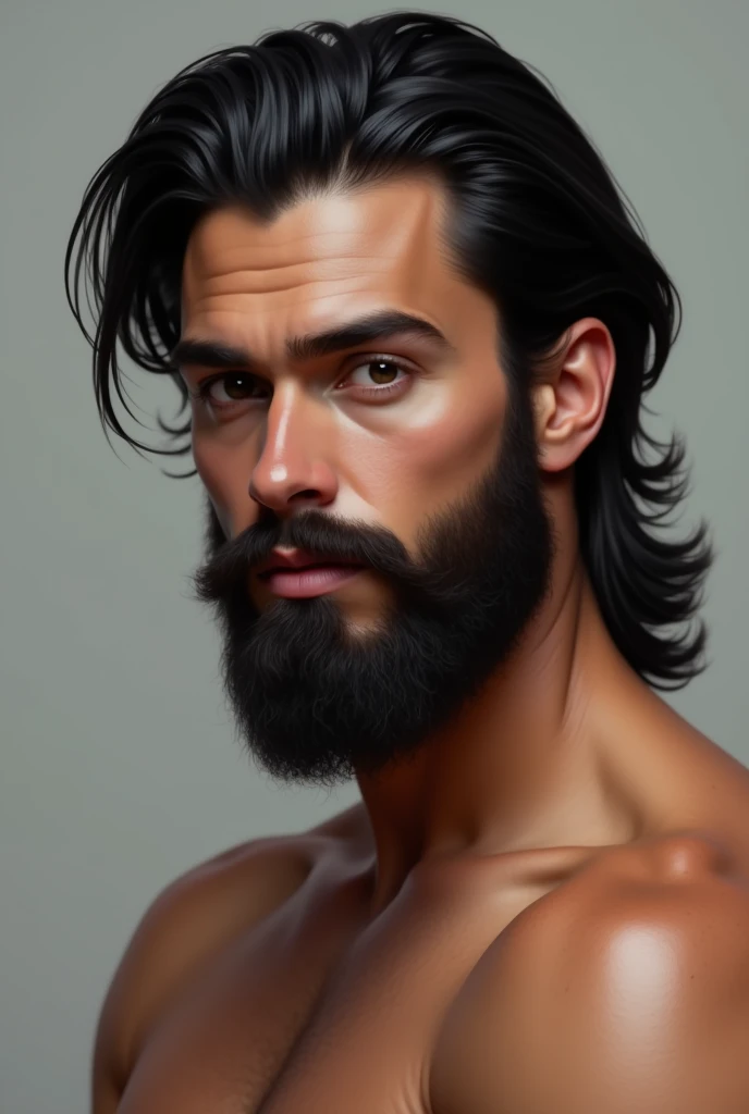 Create an image of a young man with black hair, long to shoulder height and straight and beard with long and beautiful hairs in the gradient (both the cape and the beard are very beautiful and stylish). Extremely strong man with the best physique in the world, with the most beautiful shape in all of history. The wisest and most beautiful thing there is, with a super stylish look (He is ). He is of age. Young people have the most beautiful skin there is