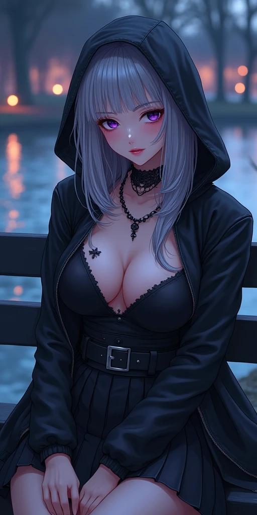(best quality, ultra-detailed, photorealistic: 1.39), bright and vibrant colors, studio lighting, romantic expression, An effeminate girl, with a delicate and beautiful face. Beautiful and adult woman with her straight loose silver hair matches the gothic makeup, her dark purple eyes and mischievous smile, with her large seductive breasts, cleavage, dark style, hood, leather jacket, pleated skirt with belt, dark makeup. She have a horny face, like a manwha character, chain details, in the park at night, lake, trees, sitting on the bench, seductive cleavage, manga style, anime features manga style, fully body , she is in love, like a manwha character style