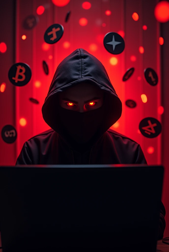 anonymous hacker face with several cryptocurrency signs around it , in a room with low red lighting