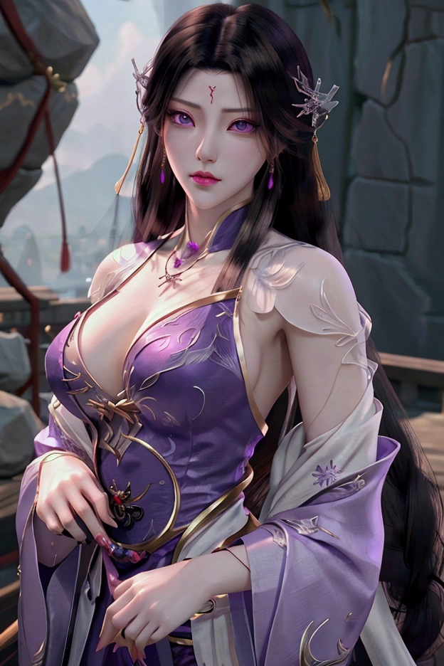 evil anime human woman. half-up long black hair. fair skin. purple eyes. big boobs. Modest Wuxia clothes. snowflake necklace. mauve smirking lips. Realism style. 3D anime model style. CGI animation. Wuxia style. Yun Lan Sect background.