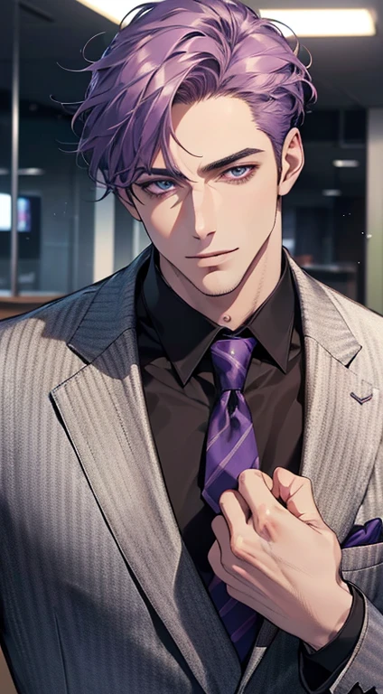 (best quality,4k,8k,highres,masterpiece:1.2),ultra-detailed,(realistic,photorealistic,photo-realistic:1.37),1 man,3,mature man,very handsome,without expression,smile,short purple hair,blue eyes,penetrating gaze,perfect face without errors,imposing posture,businessman,office background,cinematic lighting,hdr image