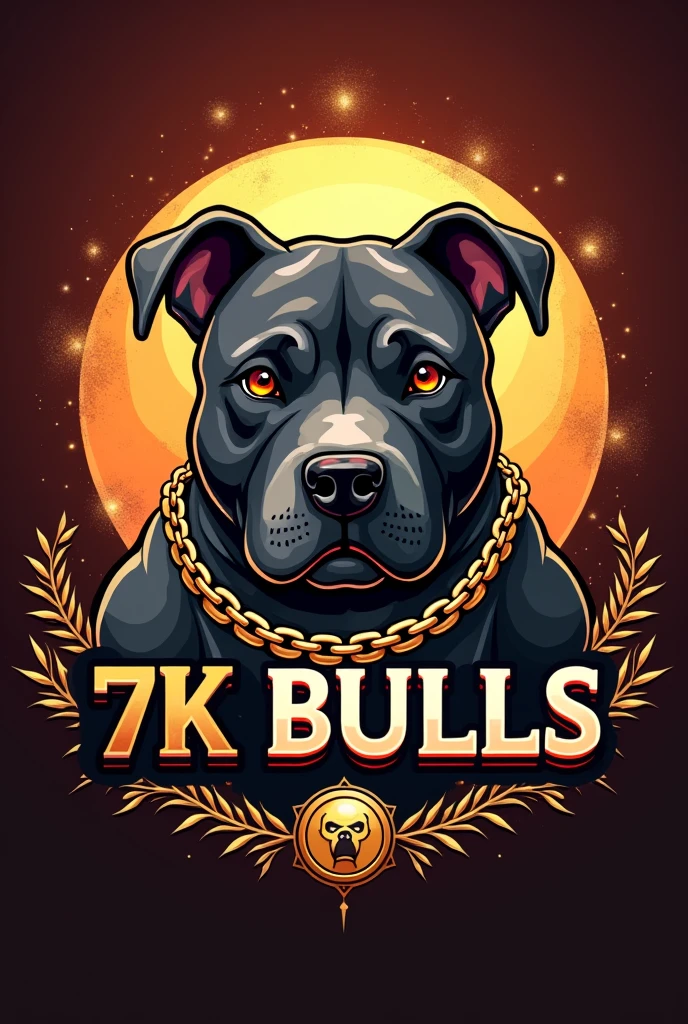"Generate an eye-catching logo for an exotic American Bully breeder, micro size. The dog must be muscular, exotic merle color , with short snout, well-marked forehead and cropped ears like a pitbull. The body should resemble that of an English bulldog., but with extra defined muscles. The logo should include gold chains for a luxurious touch.. The name of the breeder is '7K Bulls' and must be written prominently in a stylish font. The predominant colors should be gold and rich tones that stand out."