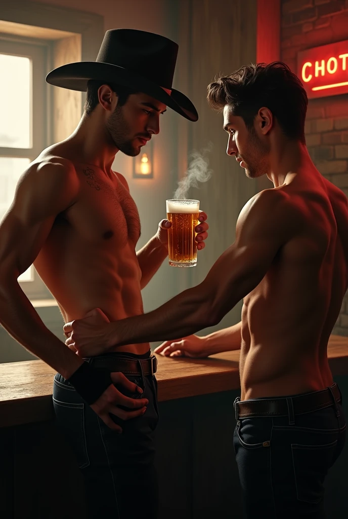 A beautiful sexy young man serving himself a beer in a cowboy bar with a nice gay ass shows another man approaches him and touches his ass