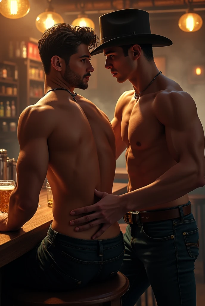 A beautiful sexy young man serving himself a beer in a cowboy bar with a nice gay ass shows another man approaches him and touches his ass