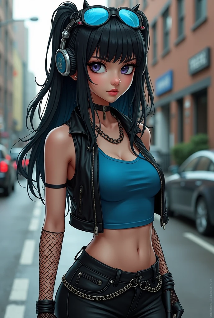 Girl With black hair, blue glasses on head, spiky headphones, fish net gloves, blue crop top, black vest, black jeans, and black belt with waist chain