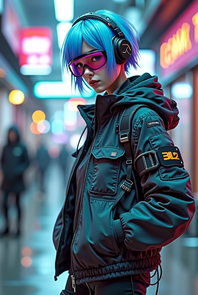 **Physical appearance:**
- **Height and Construction:** Of medium height, cerca de 1,70 meters, with a slim and somewhat thin physique, reflecting their focus on technological rather than physical skills.
- **facial features:** Face with soft features and intelligent eyes, that shine with curiosity and ingenuity. Often wearing goggles or augmented reality glasses.
- **body hair:** body hair curto e colorido, like blue or purple, with a modern and practical style.
**Clothing:**
- **Main Outfit:** Practical outfit with multiple pockets for tech tools and gadgets. A lightweight jacket with visible circuitry and technological details.
- **Accessories:** Data Gloves, high tech headphones, a small personal drone and a portable tablet for hacking and manipulating systems.
- **futuristic details:** Integrated technological elements do not suit, such as built-in screens and holographic keyboards.
**Personality Reflected in Design:**
- **Inventive and Intelligent:** The technological details and devices reflect your skill with technology and hacking.
- **Relaxed:** Colorful hair and modern style indicate a creative and unconventional personality..