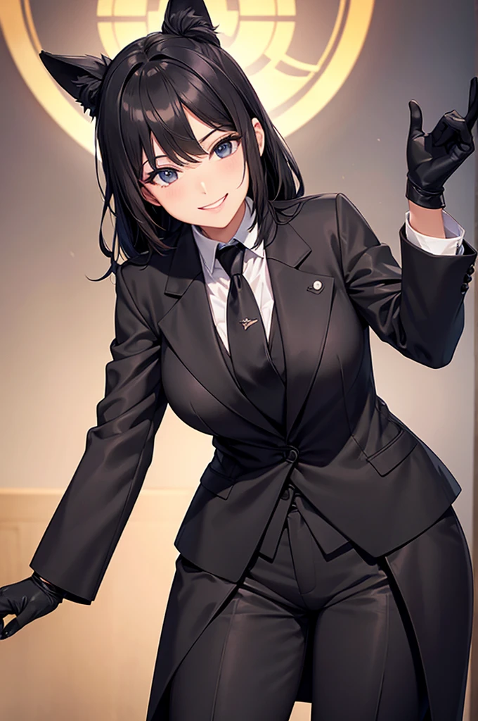 A woman in a black pantsuit,tie,Smiling Black Gloves