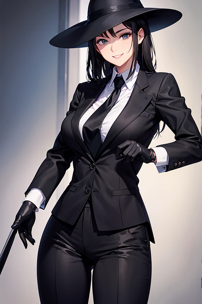 1 lady, prison guard, black uniform, black hat